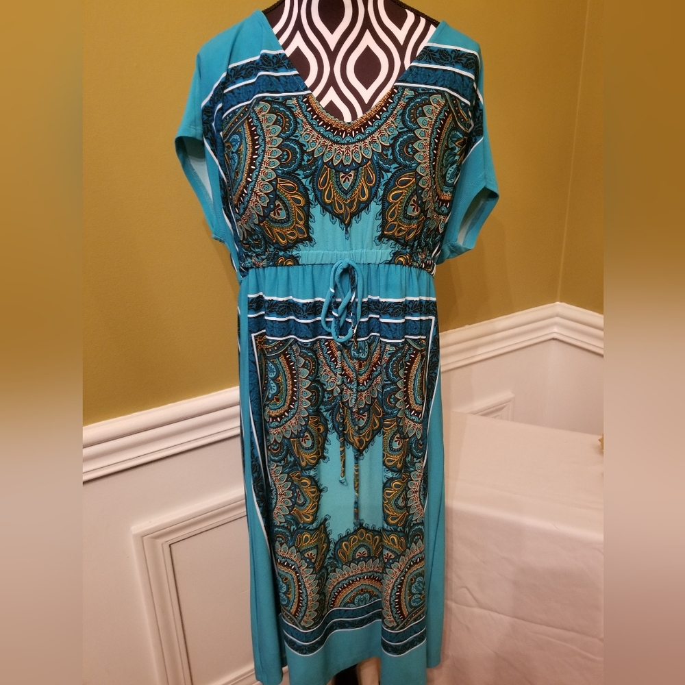 Turquoise En Focus Studio Woman's BoHo Paisley Drawstring Waist Dress